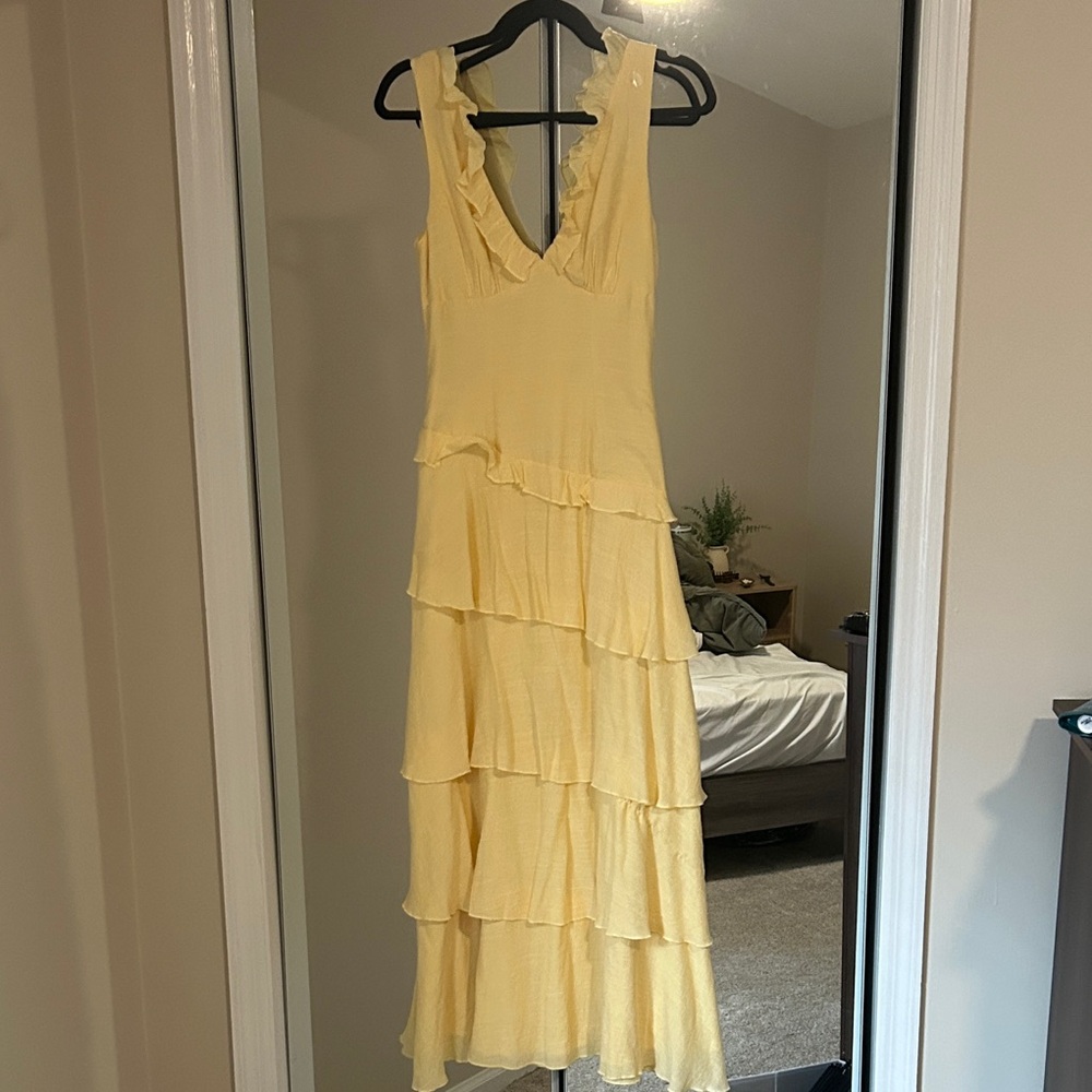 Angel Biba Pale Yellow Ruffle Tiered V-Neck Maxi Dress